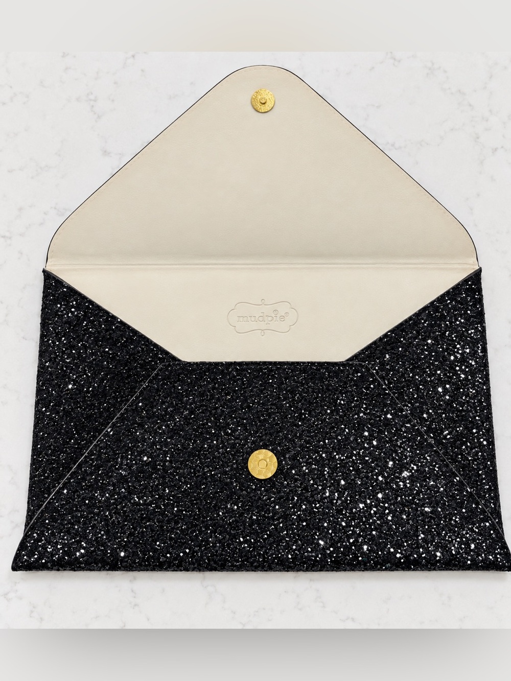 Mud Pie Black Glitter Sparkle Envelope Clutch Evening Bag